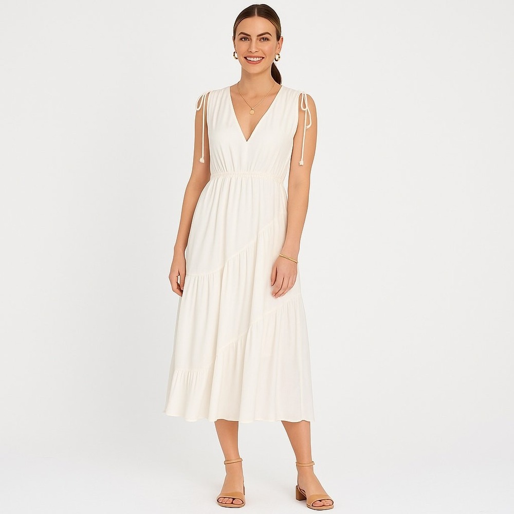 Boutique White Tiered Asymmetrical Summer Long Midi Dress 8 Sleeveless Boho